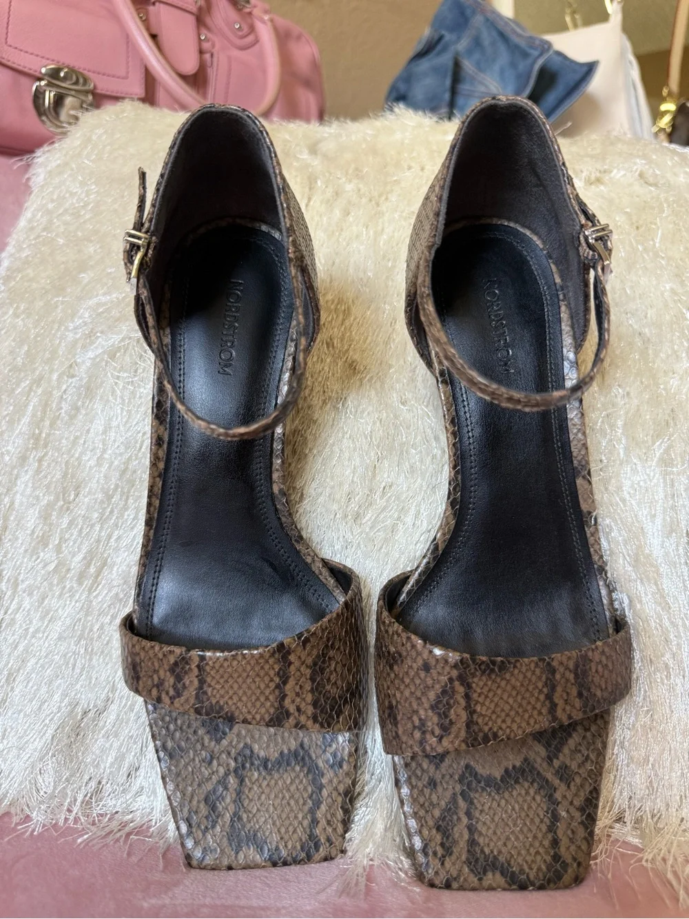 NORDSTROM Women's Brown & Black Snake-Print Leather Ankle Strap Heels. Size 7.5